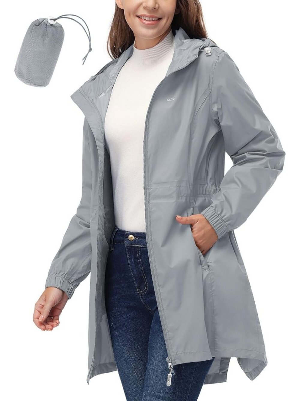 Women's Grey Waterproof Long Rain Coat Packable Breathable Rain Jacket with Hood